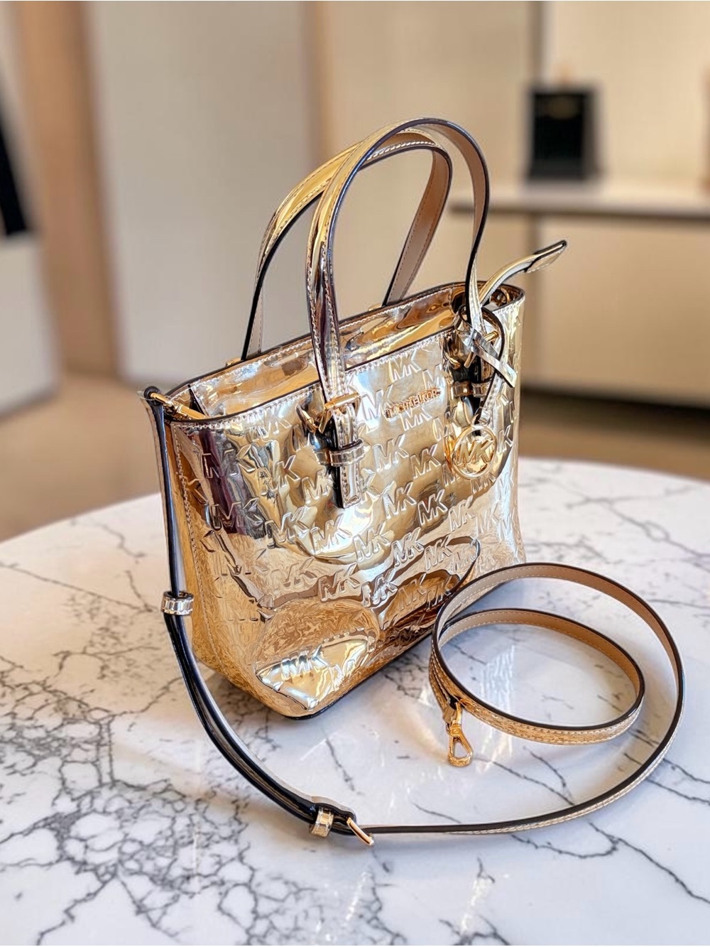Michael Kors Metallic Gold MK-Embossed Small Tote with Shoulder Strap